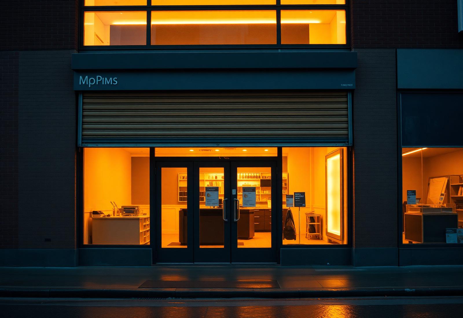 Modern London shopfront with steel roller shutter at dusk